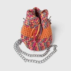 Handmade Crochet Bucket Bag Bright Pastel Boho Drawstring Purse With Chain Strap
